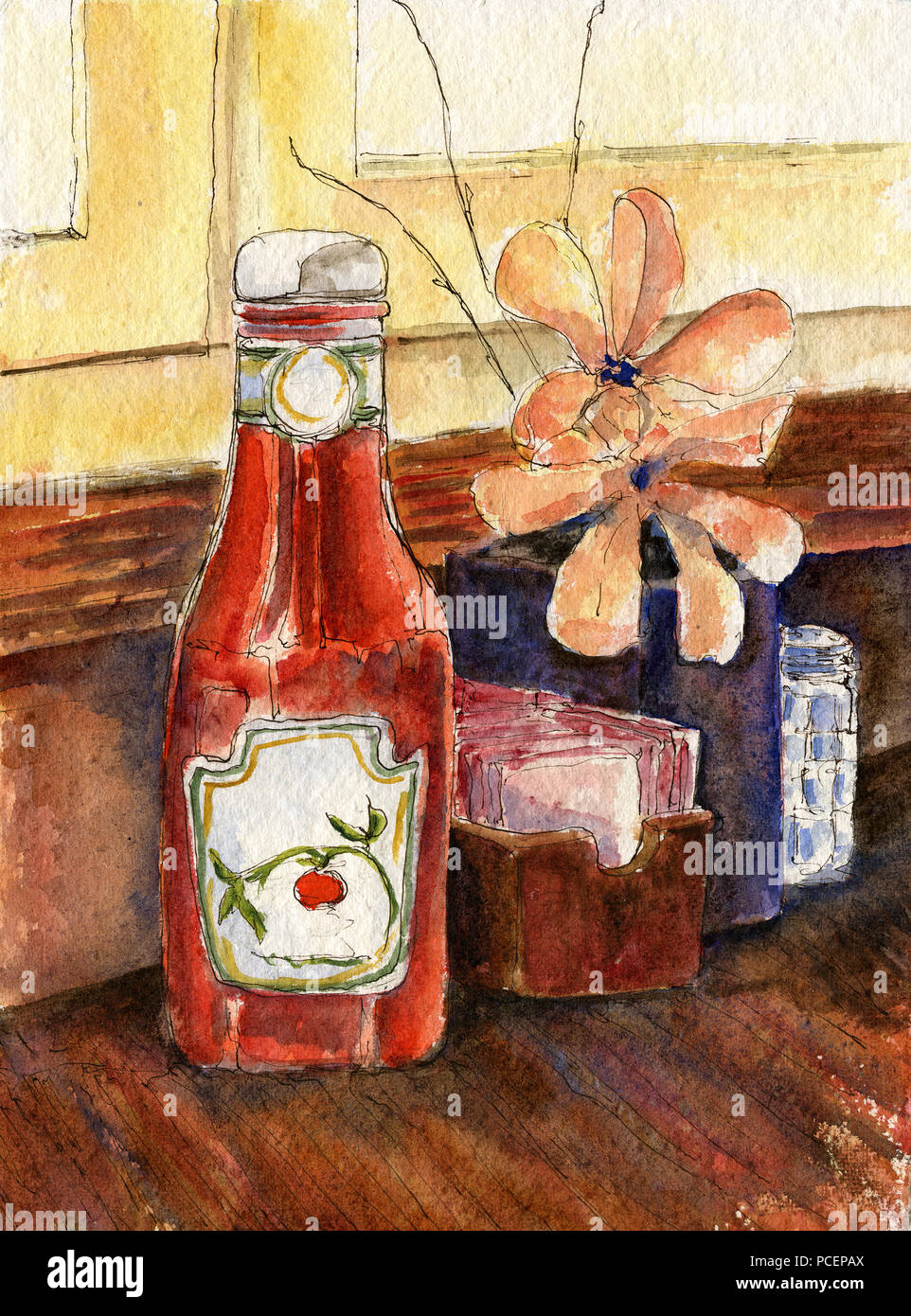 Bottiglia di ketchup su un tavolo del bar con pacchetti di zucchero e sale shaker in acquerello e penna e inchiostro Foto Stock