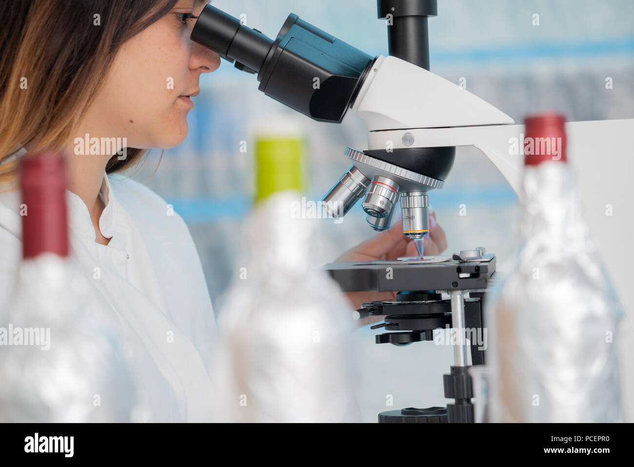 Bottiglia di vino nel laboratorio di controllo qualità Foto Stock