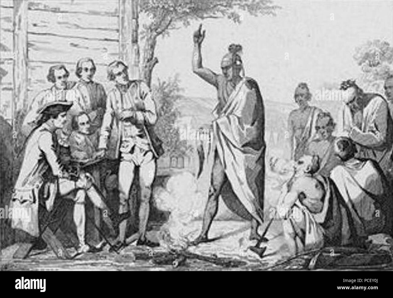 140 conferenza tra i Francesi e i leader indiani attorno a un fuoco cerimoniale da Vernier Foto Stock