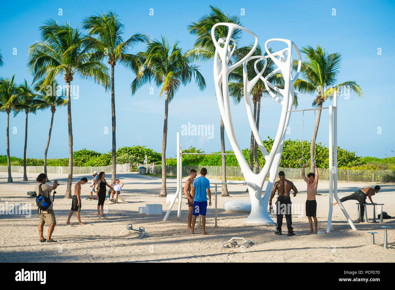 MIAMI - circa giugno, 2018: muscolari giovani uomini allenarvi nella palestra esterna nota come Spiaggia del muscolo in Lummus Park. Foto Stock