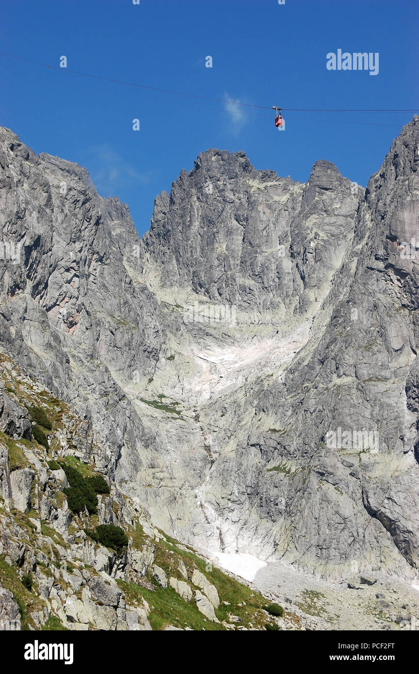 Paesaggio di montagna e rosso cabinovia fino a Lomnicky Smith in Alti Tatra in estate, Slovacchia. Foto Stock