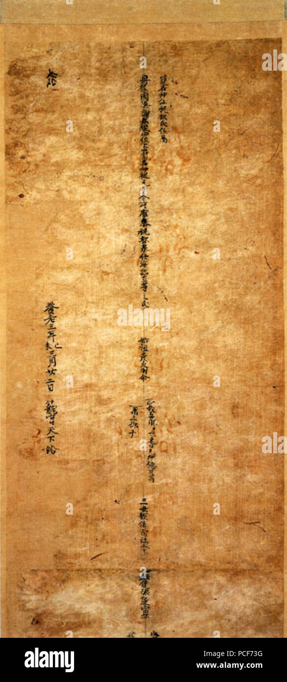 . Inglese: la Genealogia del Clan Amabe (?????, amabeshi keizu), il più antico giapponese albero genealogico. La chiocciola è stato nominato come tesoro nazionale del Giappone nella categoria documenti antichi. Periodo Heian, prima 1185 41 Amabe genealogia del Clan Foto Stock