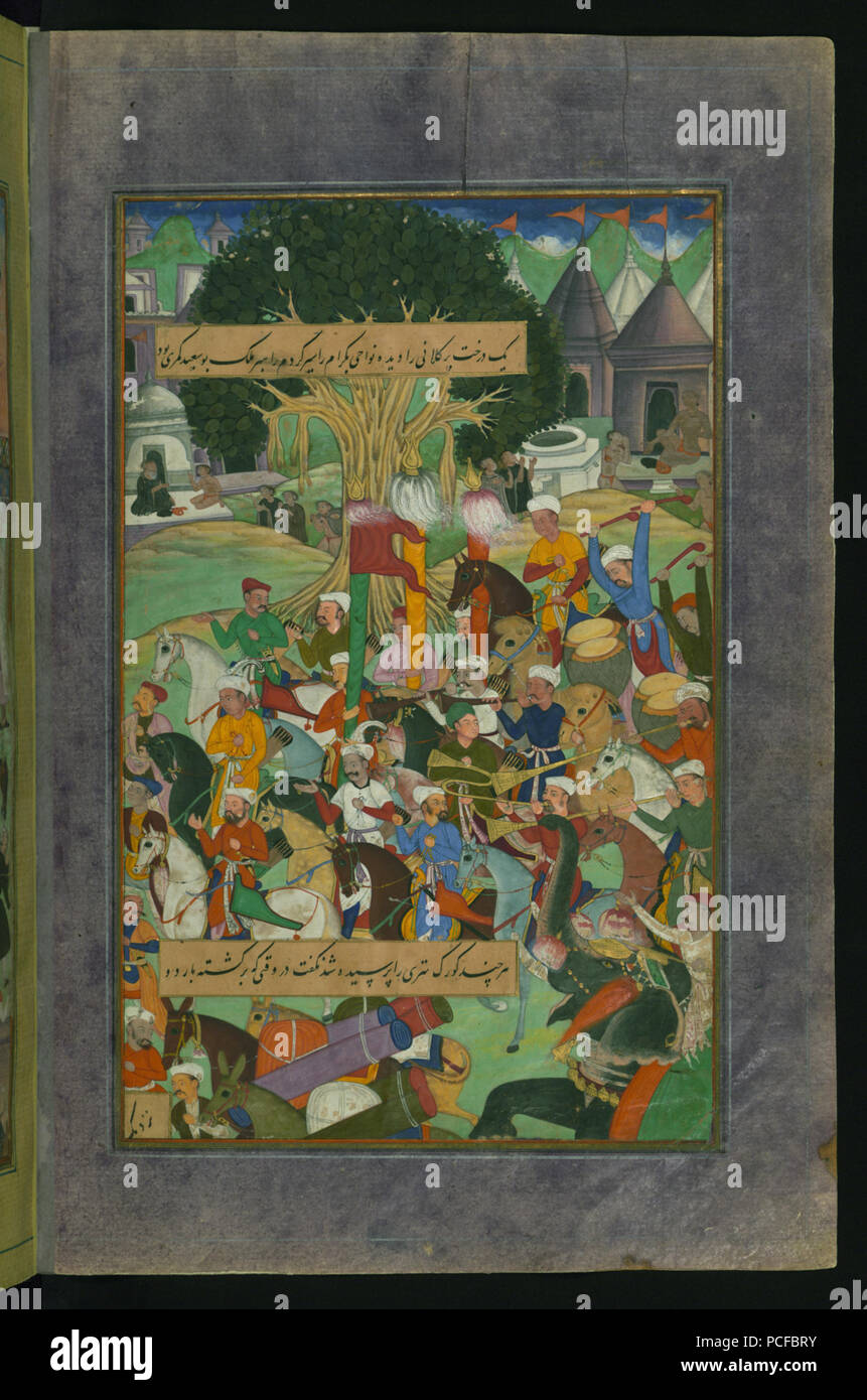 67 Babur sul modo di Hindustan camps a Jām e con l aiuto della sua guida Malik Bū Saʿīd Kamarī è esplorare Bigram e domandando circa il tempio indù Gurh Kattri Foto Stock