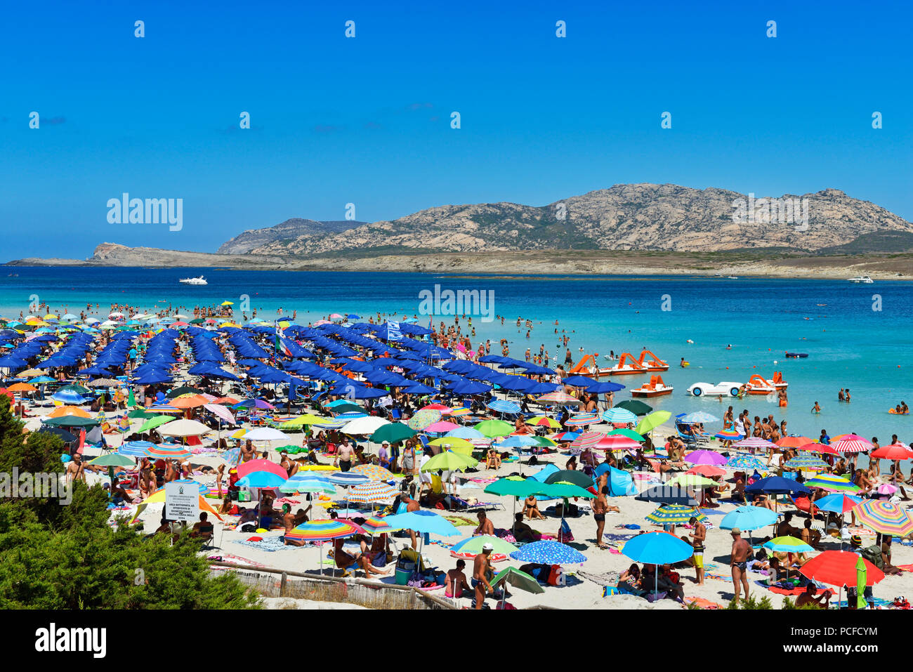 Affollata spiaggia con ombrelloni colorati e bagnanti a Stintino, Porto Torres, in Sardegna, Italia Foto Stock