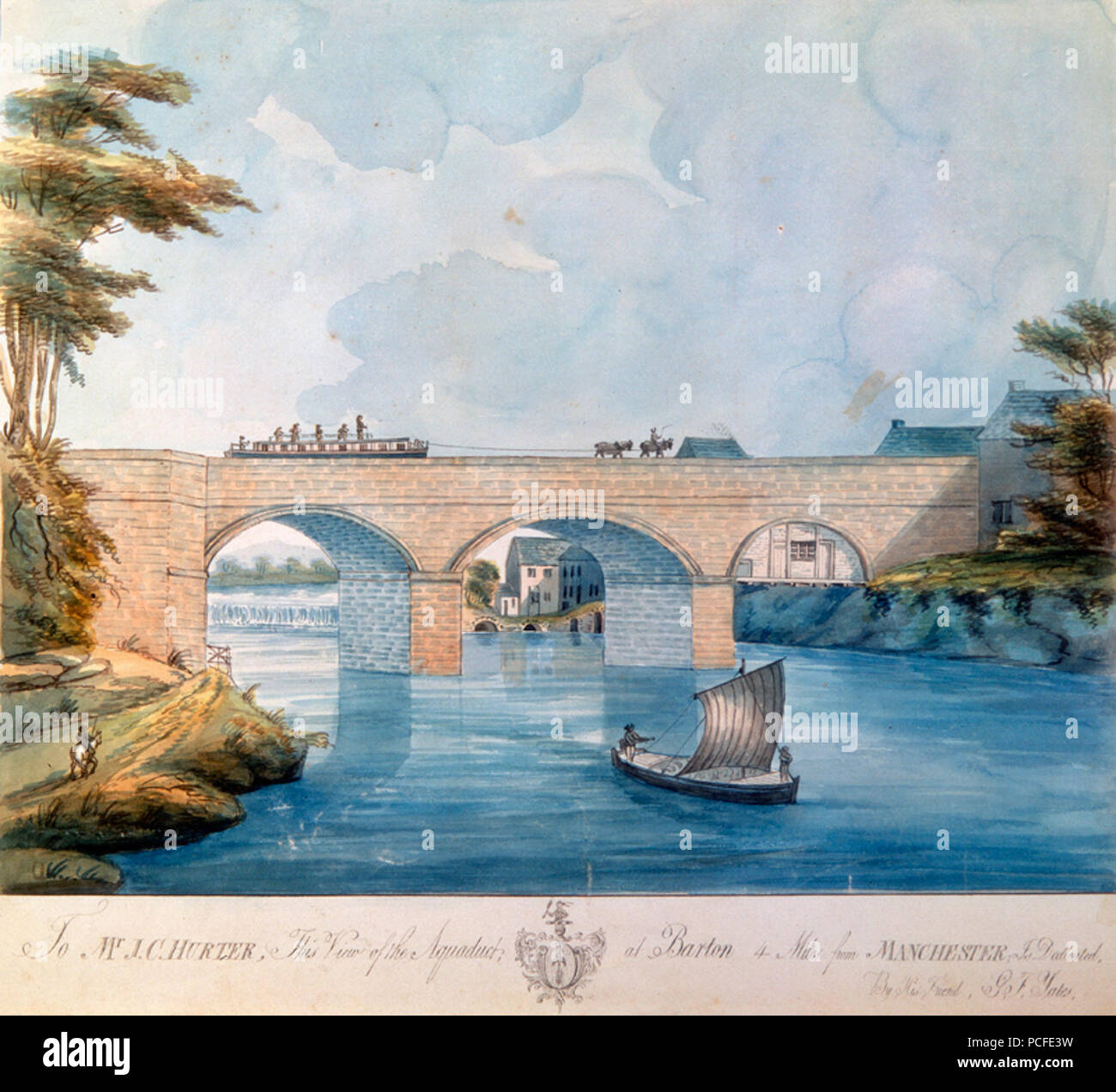 Acquerello di G F Yates. Un iscrizione recita: "al signor J C Hurter, questa vista dell'Acquedotto di Barton, 4 miglia da Manchester, è dedicato dal suo amico G F Yates'. Questo acquedotto, costruito da James Danielle nel 1765, fu mosso quando è stato sostituito nel 1896, e possono ancora essere sembrano in Barton, che è una parte di Eccles, Grande Manchester. Una chiatta horsedrawn si muove attraverso l'acquedotto, una chiatta sul fiume al di sotto. 63 Acquerello di Barton acquedotto di G.F. Yates 1793 Foto Stock
