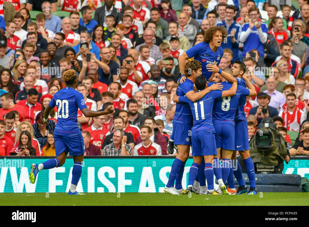 Dublino, Irlanda. 1 agosto, 2018. Chelsea giocatori celebrare Antonio Rudiger diretta. obiettivo durante Chelsea v Arsenal International Champions Cup in Aviva Stadium. Credito: Ben Ryan SOPA/images/ZUMA filo/Alamy Live News Foto Stock