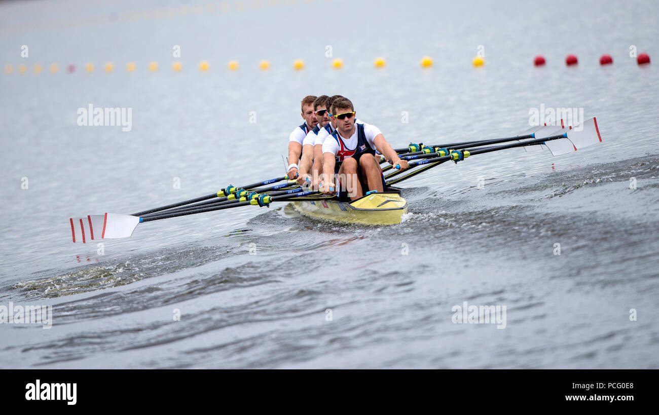 Glasgow, Scozia, â€oe2nd agosto 2018â€, GBR M4X, sinistra John Collins, Jonny Walton, Greame Thomas e Tom BARRAS, il calore del menâ€™s skiff quadrupla, European Games, canottaggio, Strathclyde Park, North Lanarkshire, Â© Pietro SPURRIER/Alamy Live News Foto Stock