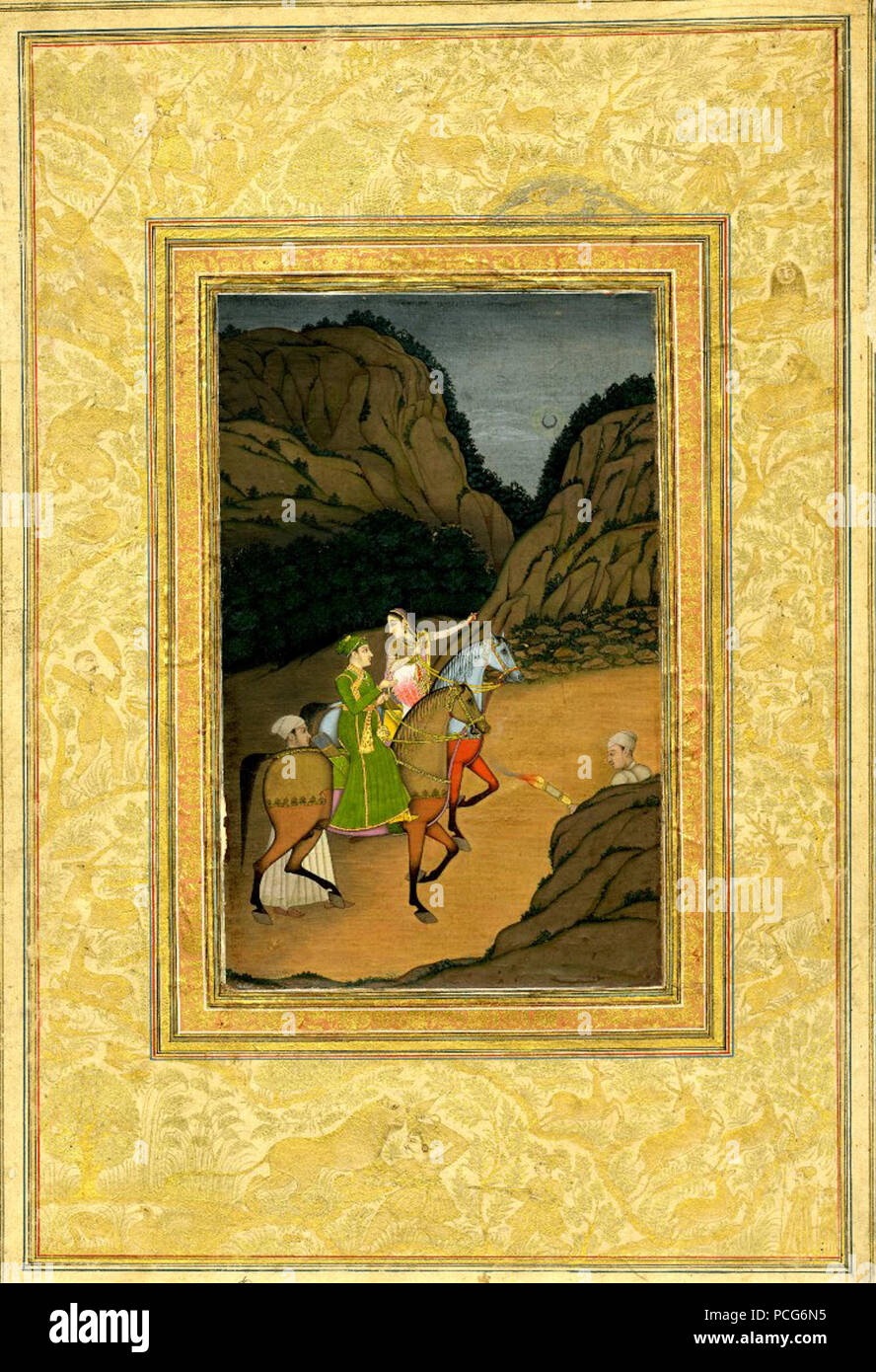 107 Báz Bahádur e Rúpmatí su cavalli con accompagnatori Foto Stock