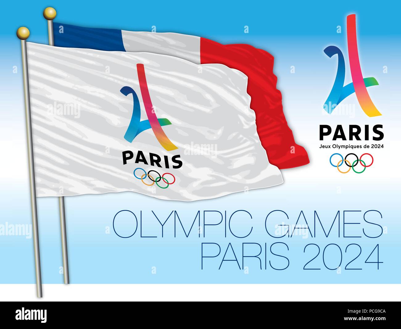Giochi olimpici di Parigi 2024, logo e bandiere, illustrazione vettoriale Illustrazione Vettoriale
