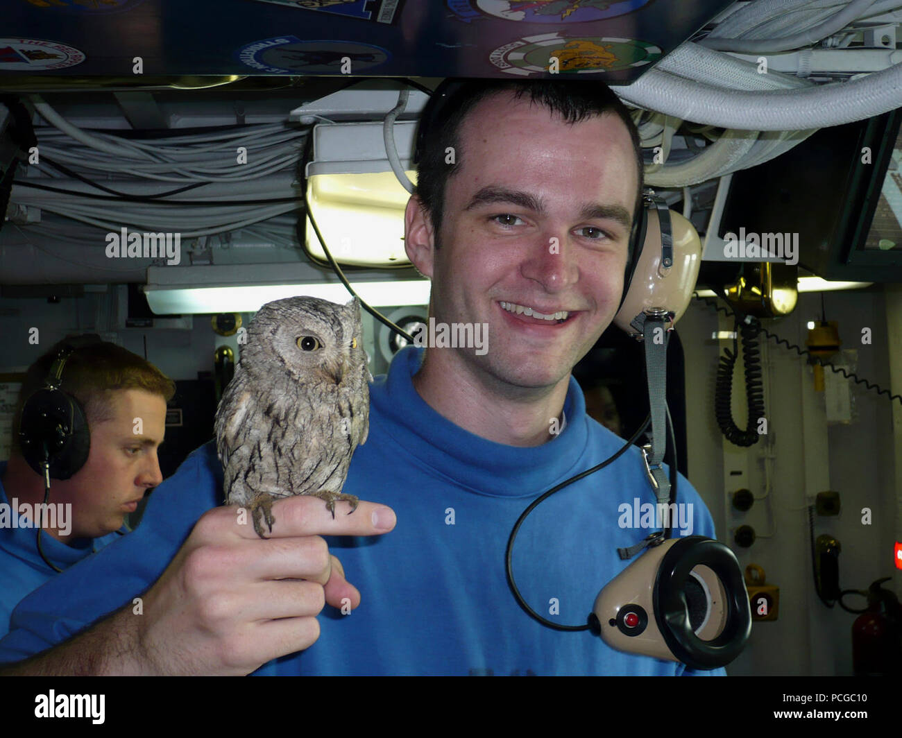 Golfo (17 marzo 2008) di aviazione di Boatswain Mate manipolazione di terza classe Alex Dieringer detiene "Dom", una civetta che si trovava sul ponte di volo dell'Nimitz-classe-nucleare powered portaerei USS Harry Truman (CVN 75). Il gufo è stato scoperto nella sinistra-ruota principale e di un F/A 18 Hornet nel corso di una ispezione pre-volo del velivolo durante le operazioni di volo a bordo del veicolo. Truman e avviato Carrier aria Wing (CVW) 3 sono distribuite le operazioni di sostegno di Iraqi Freedom, Enduring Freedom e le operazioni di sicurezza marittima. Stati Uniti Navy Foto Stock