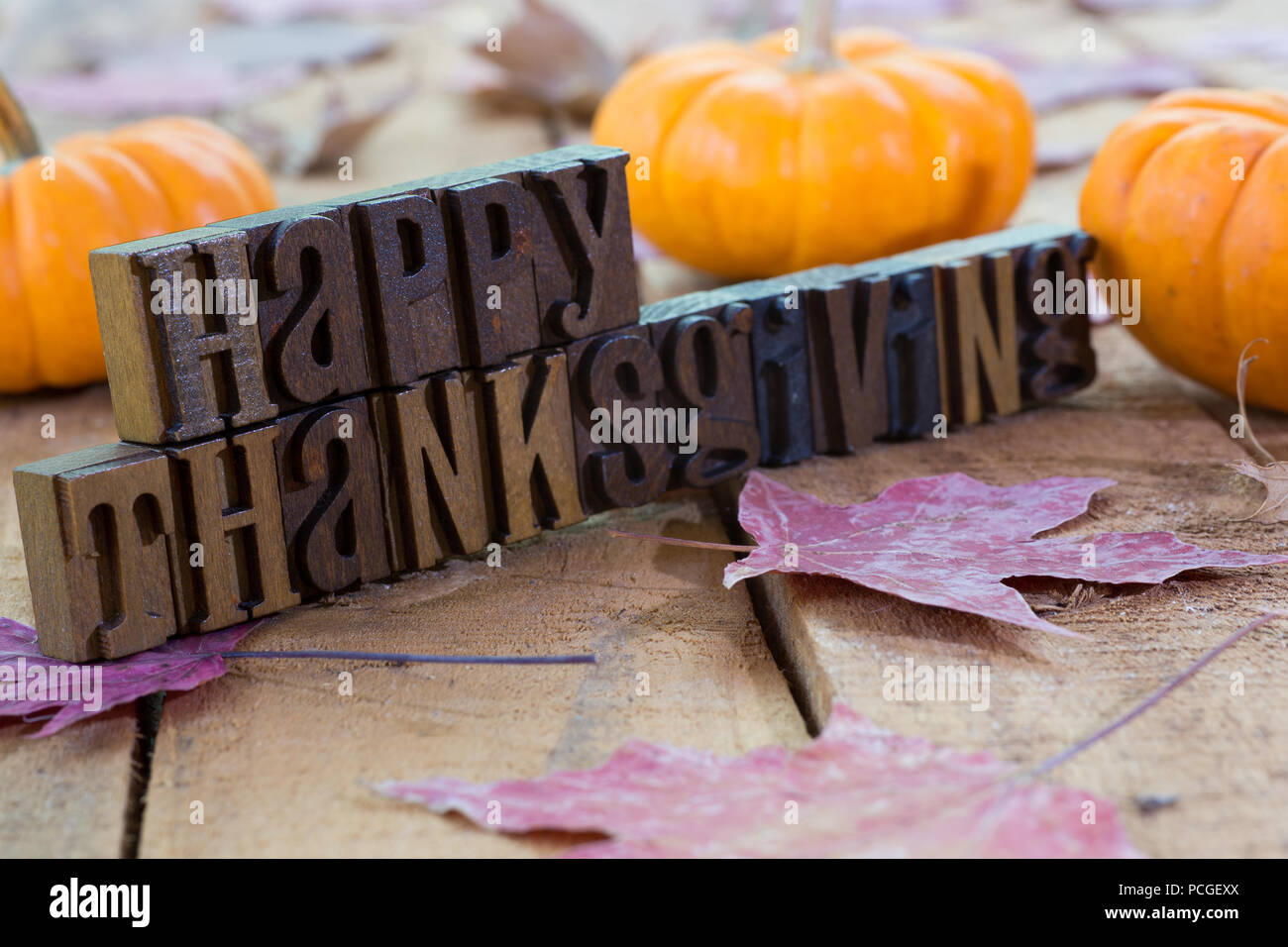 Felice ringraziamento banner con zucche e foglie di autunno Foto Stock