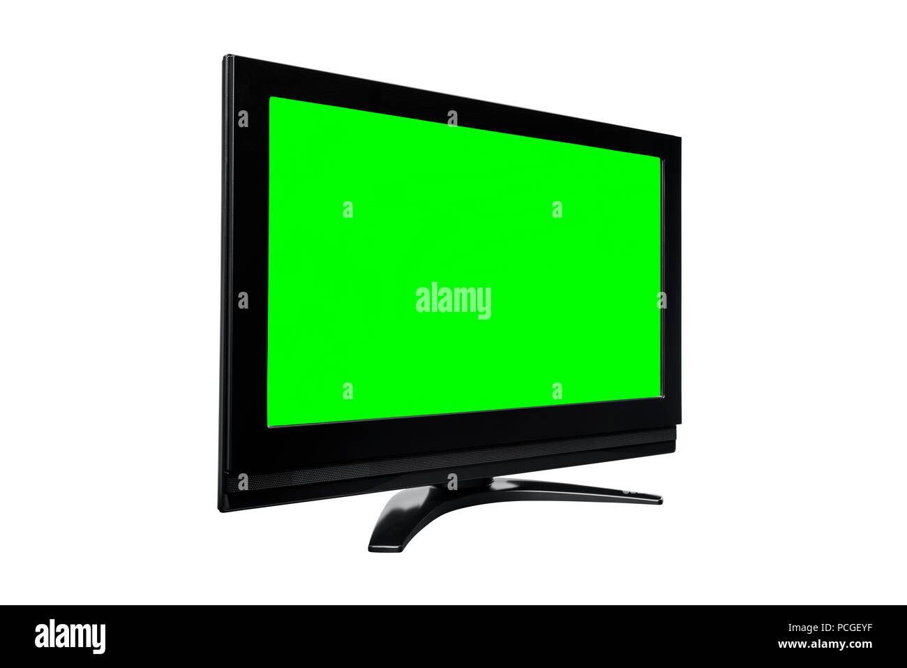 Televisione nero isolato su bianco con chroma schermo verde. Foto Stock