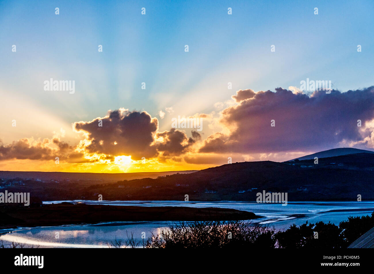 Tramonto, Machaire Rabhartaigh, Magheraroarty, County Donegal, Irlanda. Foto Stock