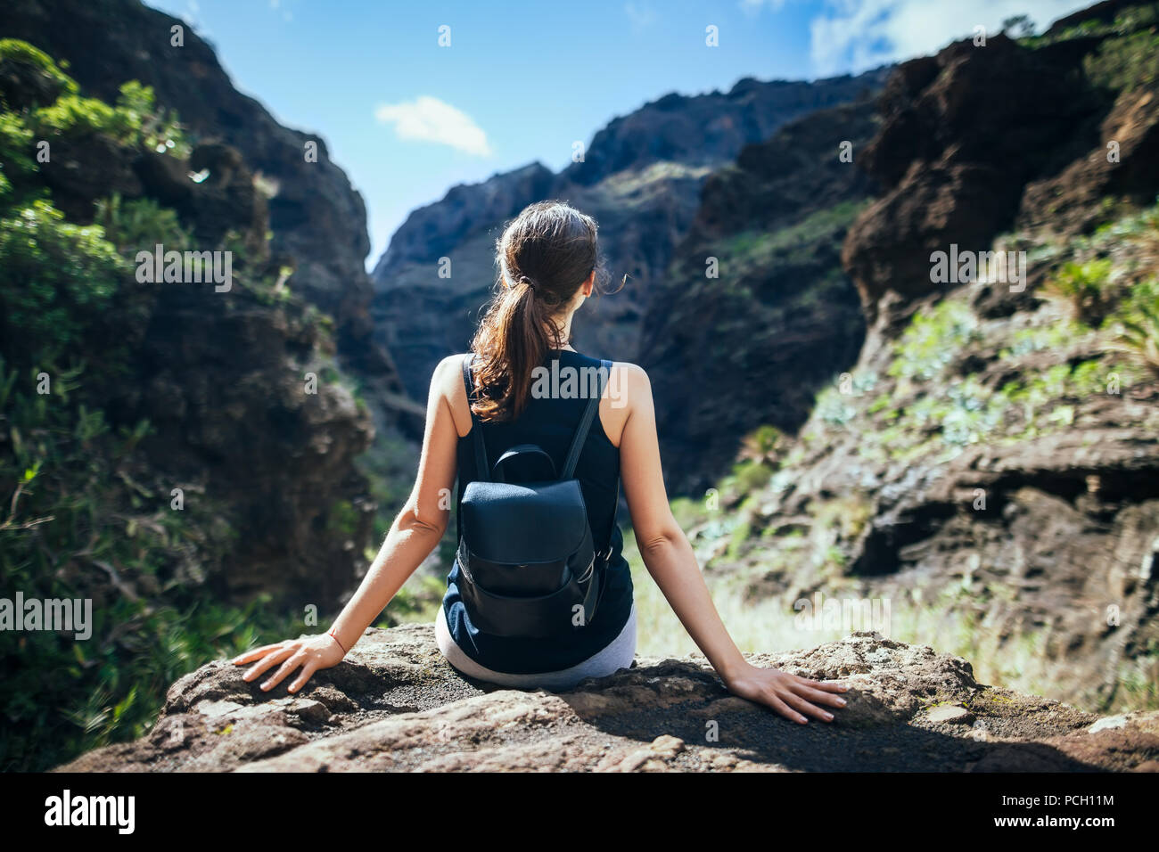 Traveler donna godono pittoreschi monti valley. Concetto di viaggio Foto Stock