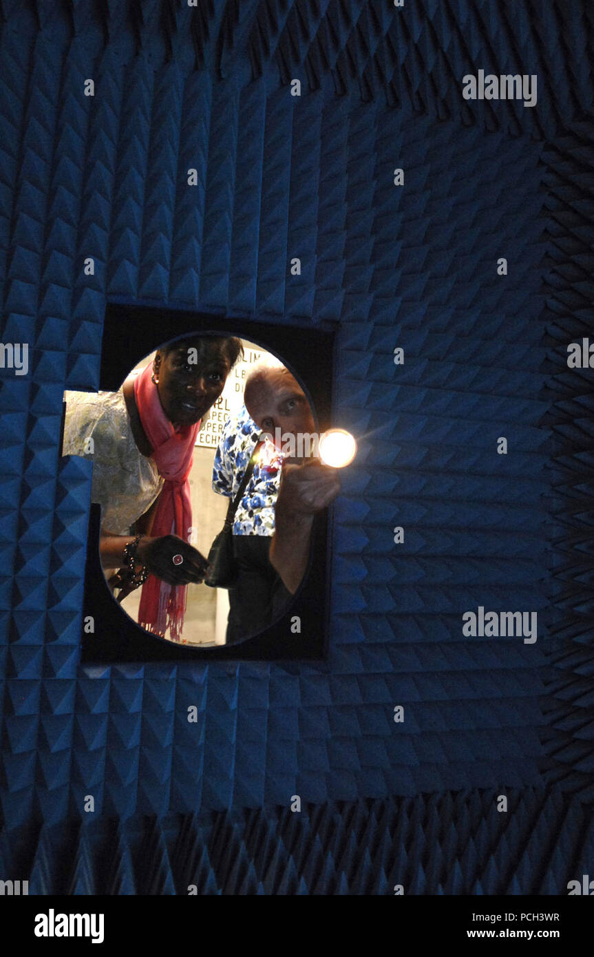 Stazione DELLE ARMI Seal Beach, California (25 maggio 2012) David Audet, un set di prova operatore alla Marina Militare comando munizioni CONUS divisione Ovest, Unità Seal Beach, mostra l'interno di una camera anecoica per Andrea Terry, dal mare navale Sistemi di comando, al missile Standard Shop a Naval Weapons Station Seal Beach. Il missile shop visita è parte di un tour di familiarizzazione per i membri della International Standard Missile gruppo utenti. Lo standard è la marina area primaria aria missili di difesa ed è utilizzato anche da molti allied marine militari di tutto il mondo. Foto Stock