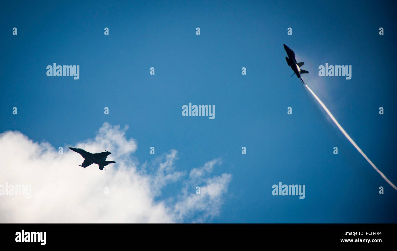 Sul mare del sud della Cina (feb. 28, 2018) aeromobili assegnati al vettore Air Wing (CVW) 2 sorvolare Nimitz-class portaerei USS Carl Vinson (CVN 70). Carl Vinson Carrier Strike gruppo è operativo nel Pacifico occidentale nel corso di una regolare distribuzione pianificata. Foto Stock