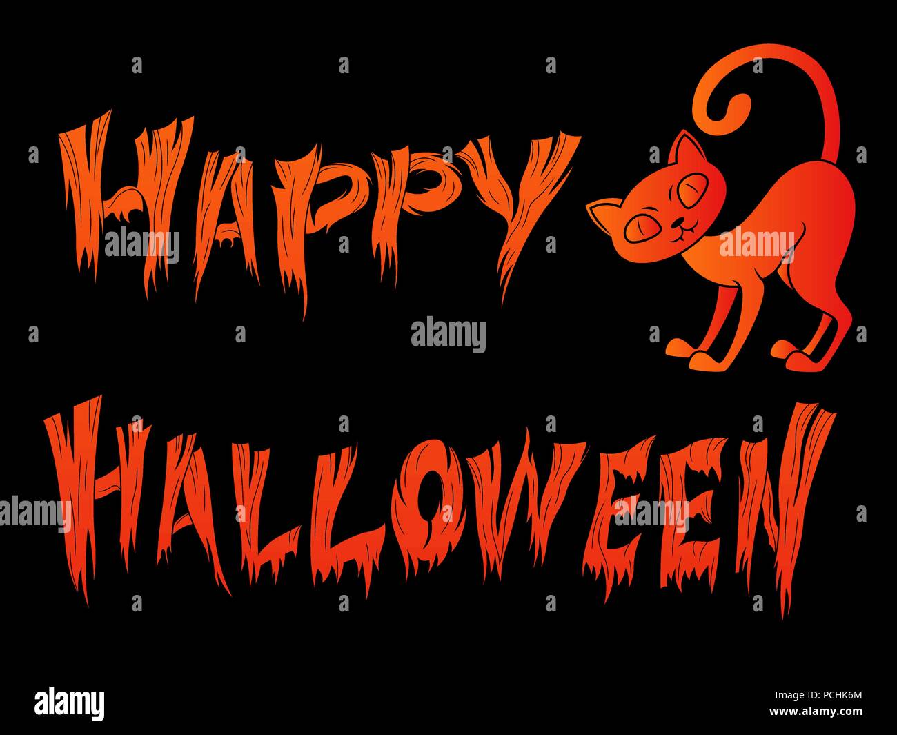 Arancio brillante illustrazione vettoriale per la festa di Halloween con scary lettere e cat sullo sfondo nero, come una vacanza design per cartoline e poster Illustrazione Vettoriale