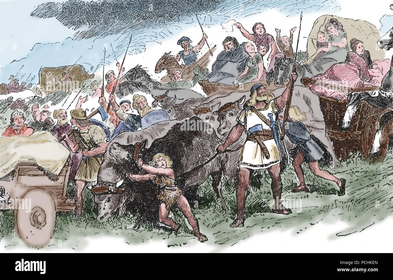 Periodo di migrazione (tribù germaniche e Unni). 4a-6a secolo. Incisione, 1882. Colore. Foto Stock