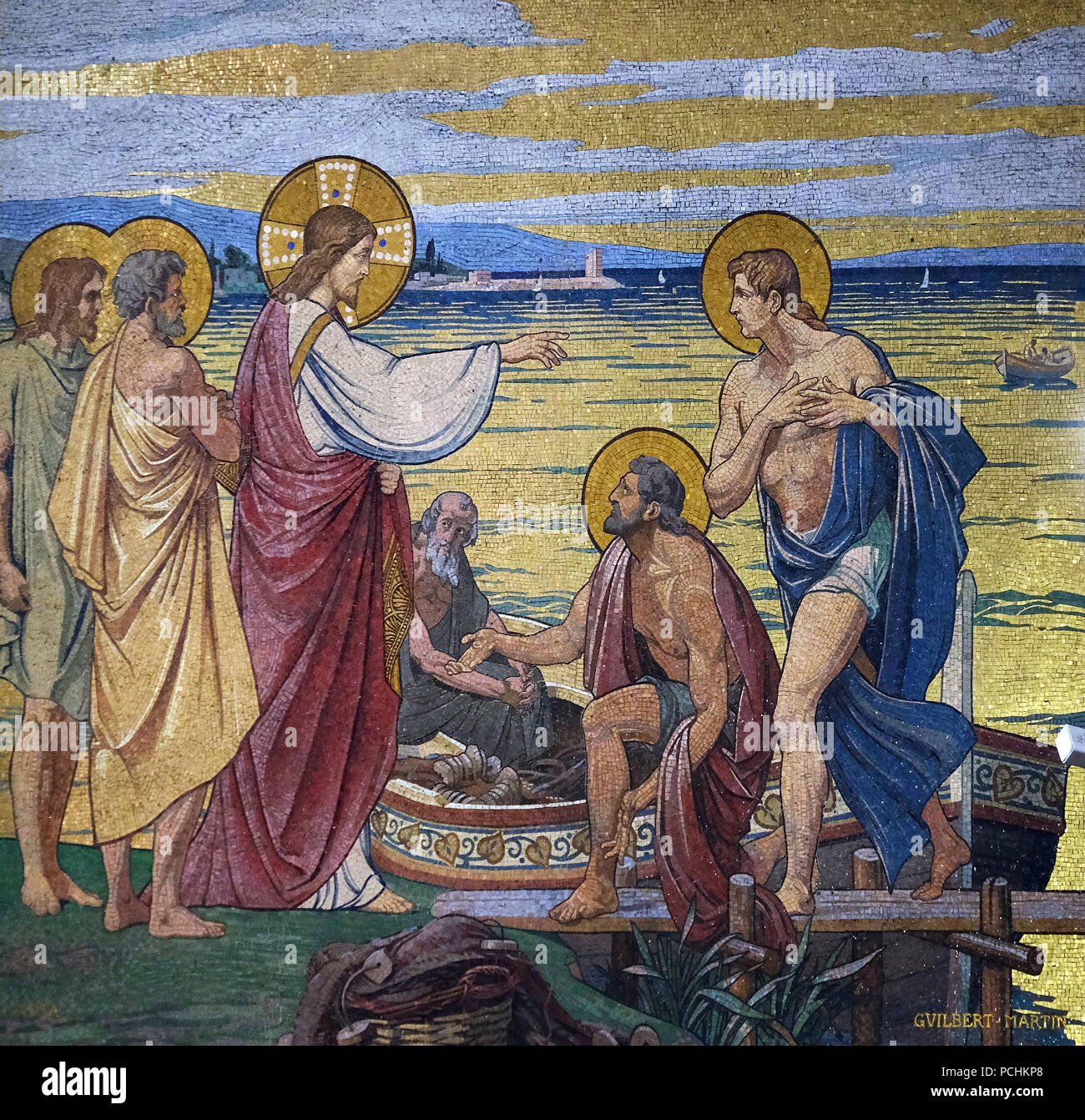 Aspetto per gli apostoli dal lago di Tiberiade, mosaico nella Basilica del Sacro Cuore di Gesù a Parigi, Francia Foto Stock