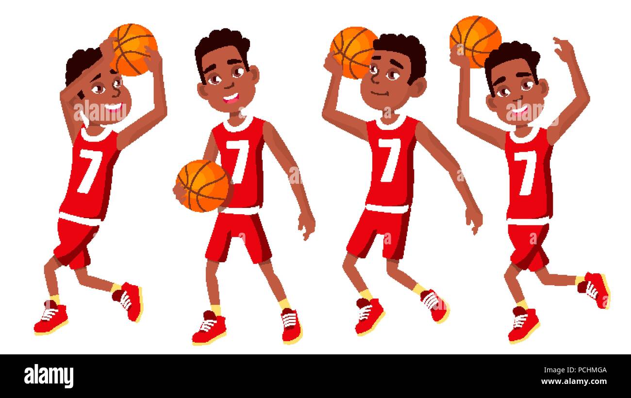 Giocatore di basket bambino vettore Set. In azione. Atleta In Uniforme con sfera. Azione per il Team di adesivi. Gioco di sport. Piatto isolato Cartoon illustrazione Illustrazione Vettoriale