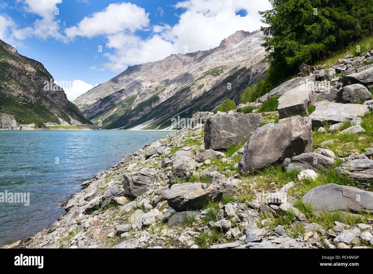 Rocce e legno sulla banca del lago di Livigno, Italia Foto Stock