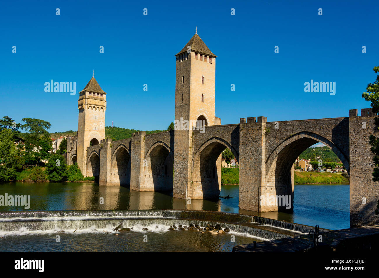 Porto Valentre ponte (patrimonio mondiale Unesco) su Santiago de Compostela pellegrinaggio road, fiume Lot, Cahors, Departement Lot, Occitanie, Francia, Europa Foto Stock