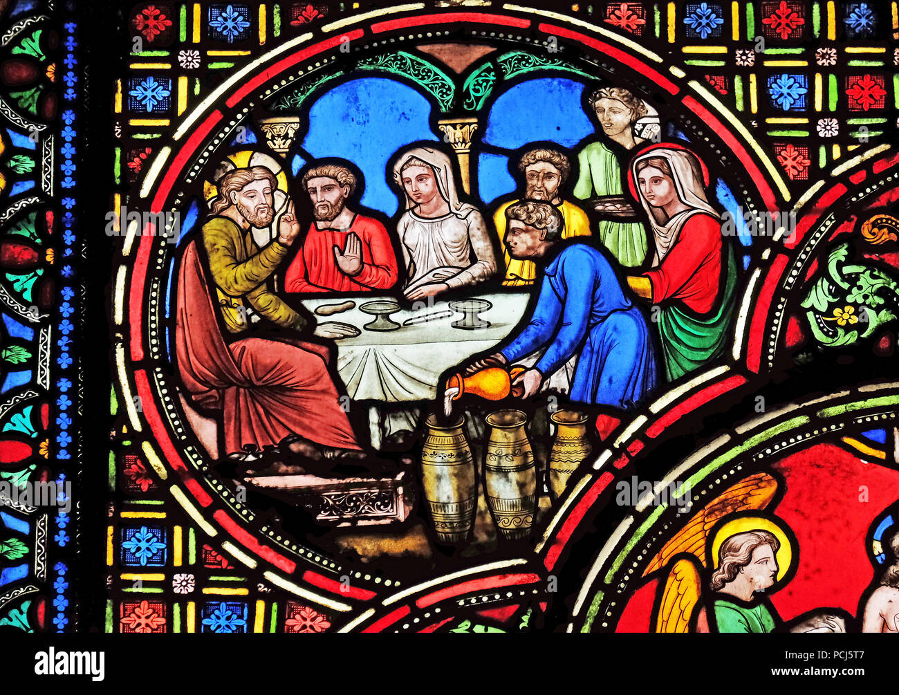 Nozze di Cana, vetrate colorate da Saint Germain-l'Auxerrois chiesa a Parigi, Francia Foto Stock