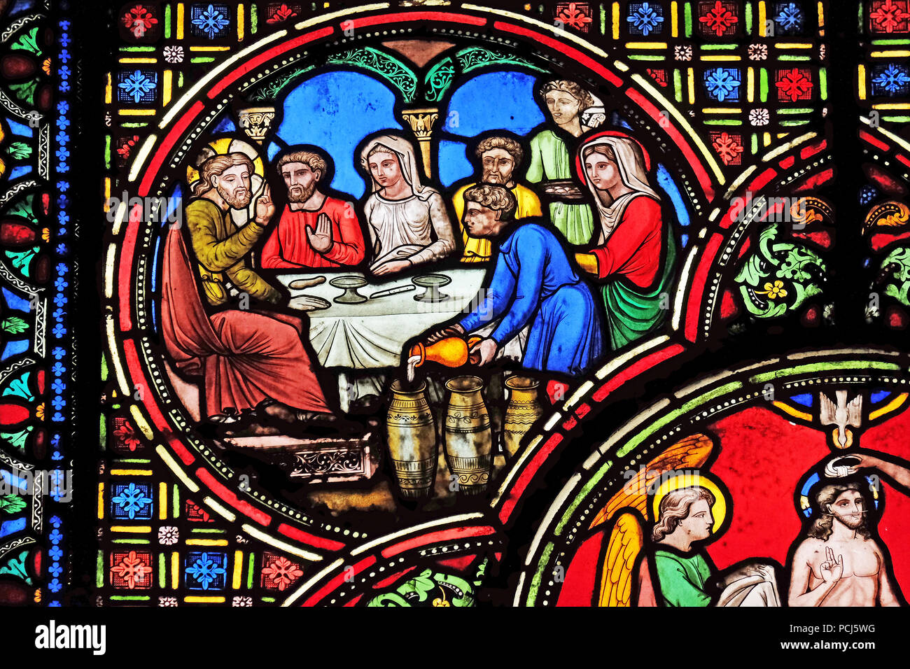 Nozze di Cana, vetrate colorate da Saint Germain-l'Auxerrois chiesa a Parigi, Francia Foto Stock