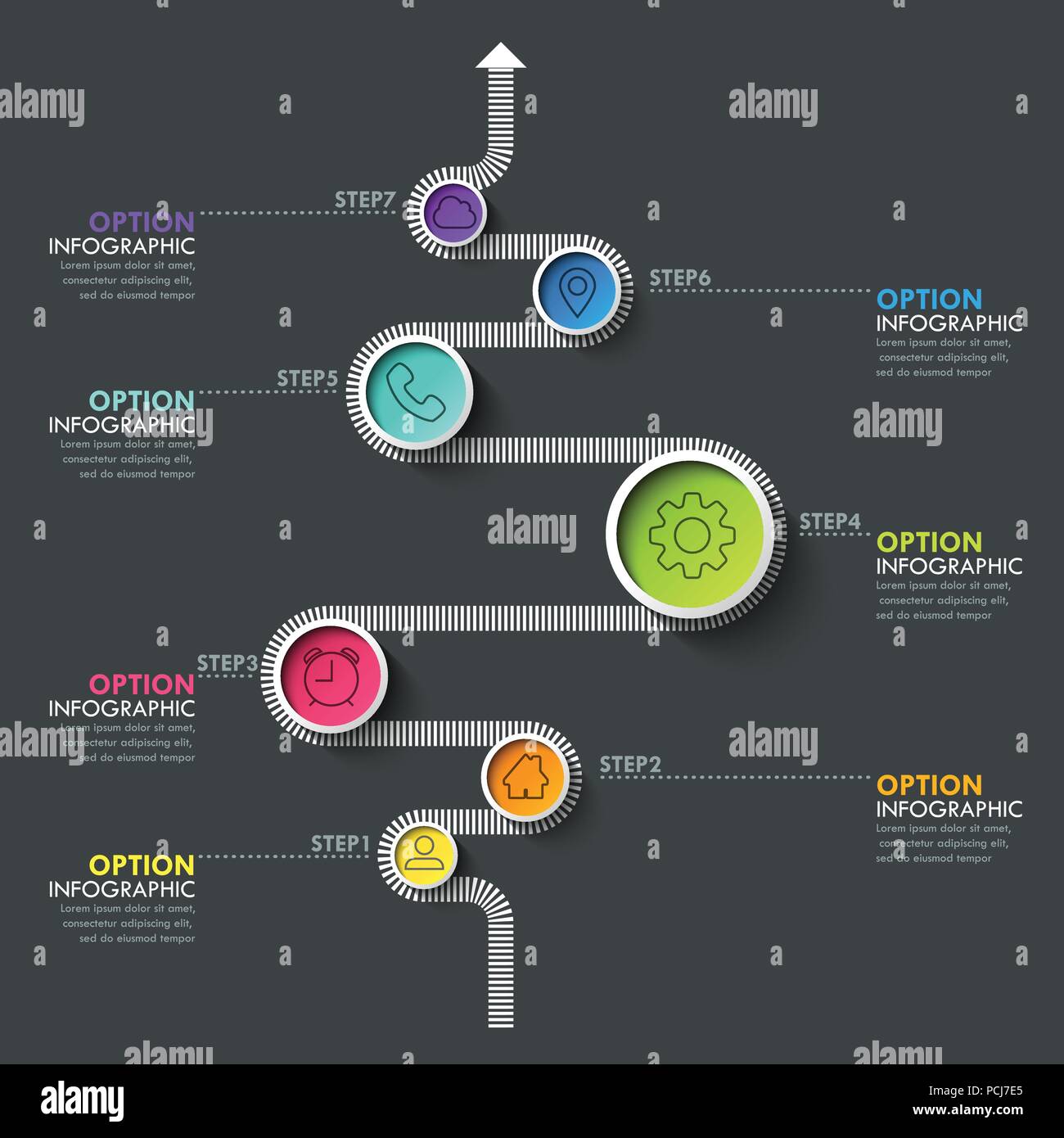 Cerchio di Business timeline banner. Azienda moderna ed infografico. Infografico opzioni numero. Strada tortuosa timeline. EPS vettoriali 10 Illustrazione Vettoriale