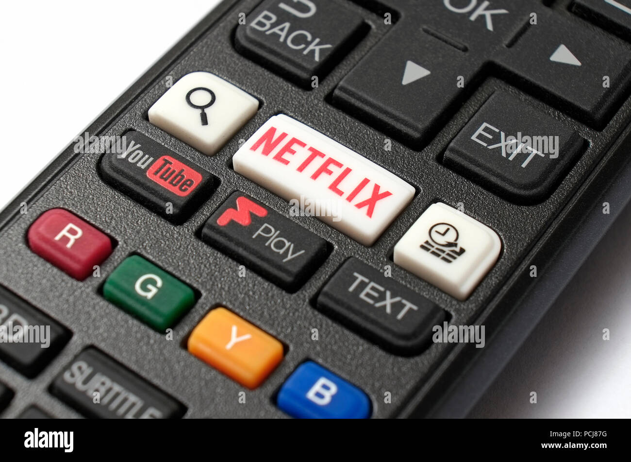 Netflix e youtube i pulsanti sul televisore tv remote controller Foto Stock