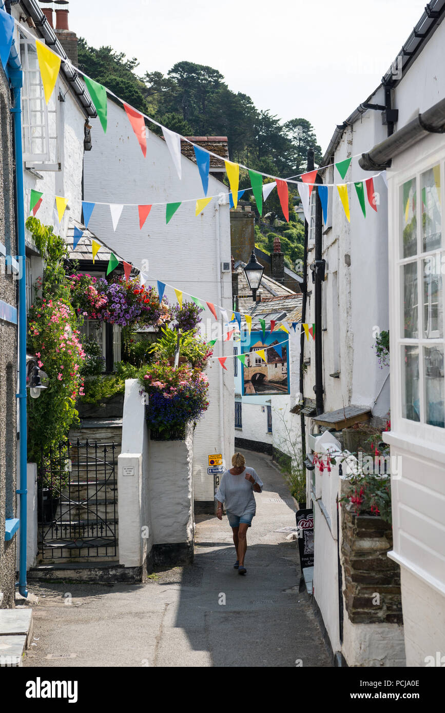Pittoreschi cottage e una strada stretta nel vecchio villaggio di pescatori di Polperro, Cornwall, Regno Unito Foto Stock