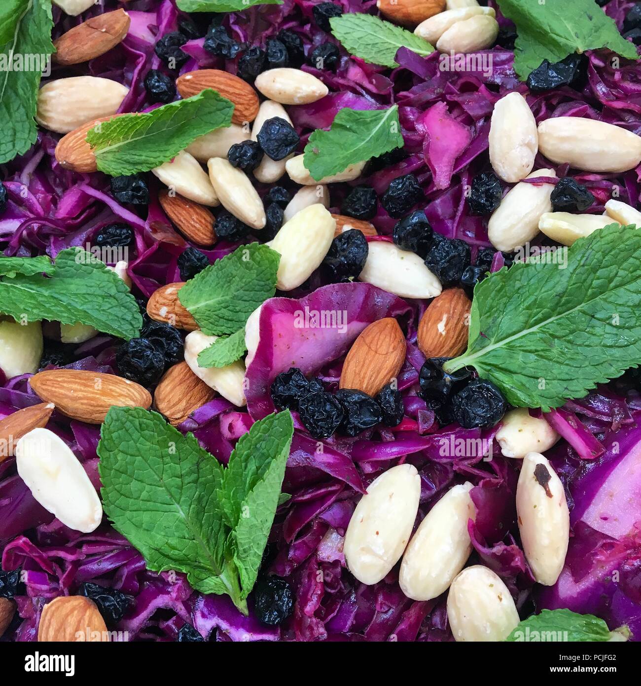 Cavolo rosso coleslaw con la menta, uvetta e mandorle Foto Stock