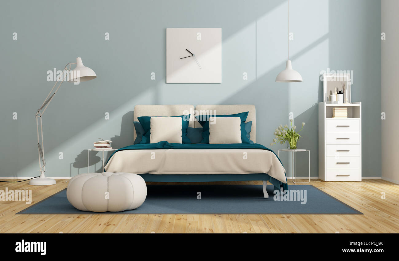 Blu e bianco camera da letto principale con letto matrimoniale e cassetti - 3d rendering Foto Stock