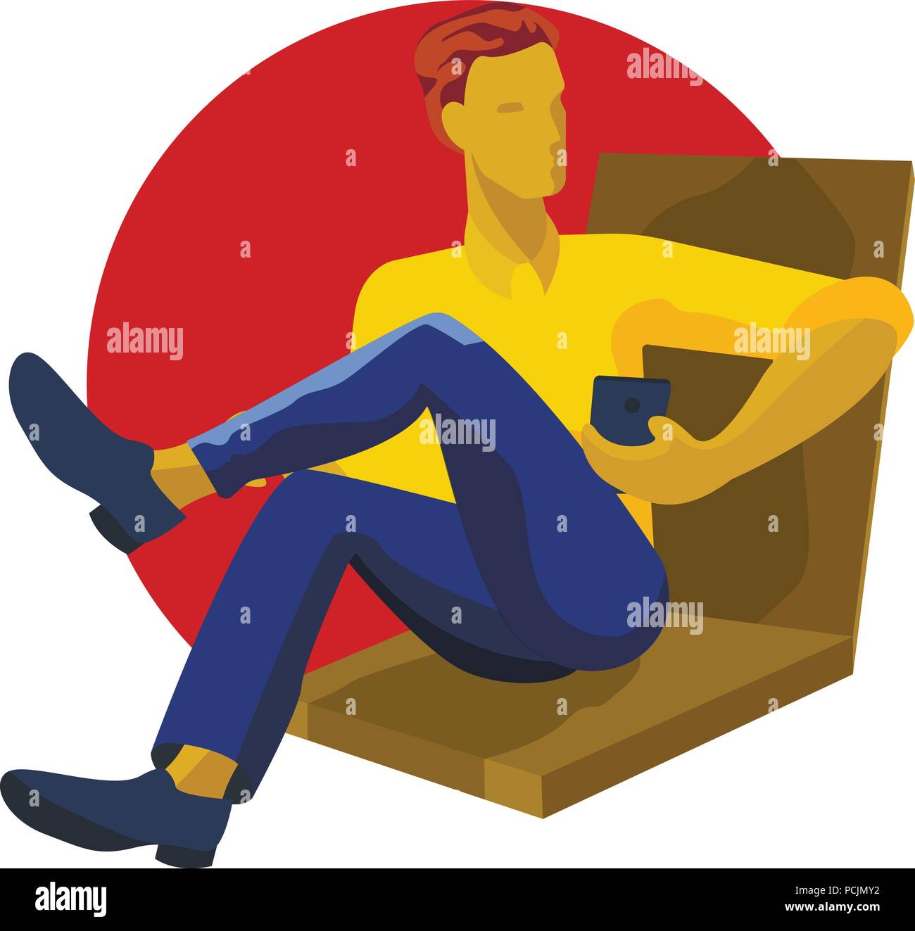 Uomo seduto, giocando con lo smartphone, SMS, messaggistica tramite telefono cellulare, cartoon illustrazione vettoriale. A piena lunghezza Ritratto di giovane uomo seduto e utilizzando il telefono cellulare Illustrazione Vettoriale