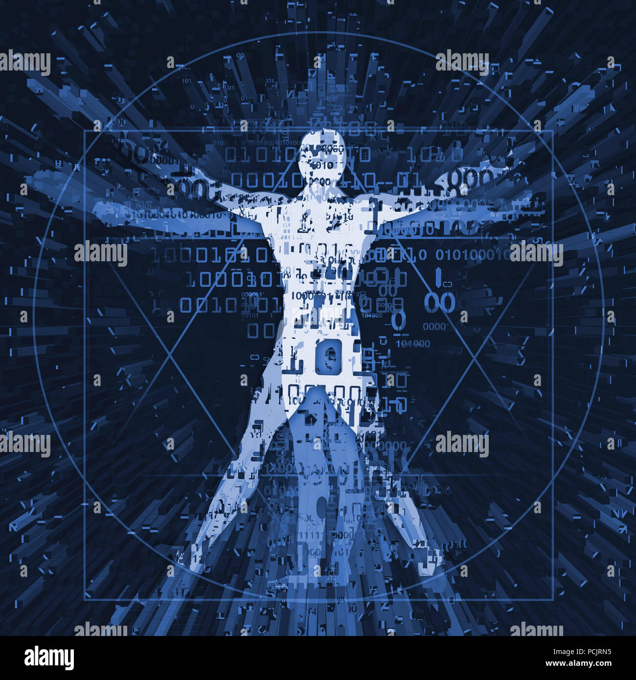 L'uomo vitruviano di età digitale. Il futuristico illustrazione dell'uomo vitruviano con codici binari simboleggiato era digitale. Foto Stock
