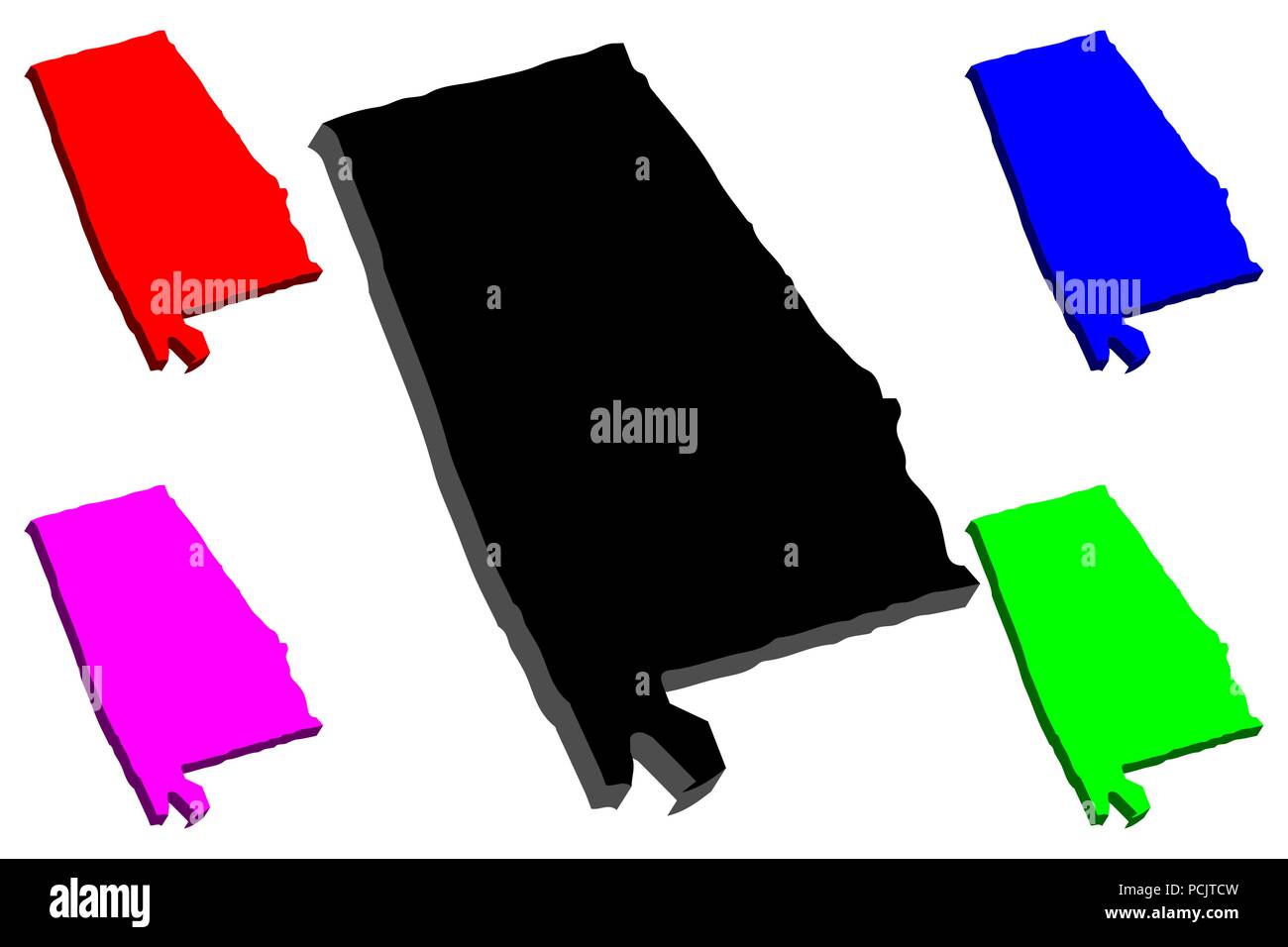 Mappa 3D di Alabama (Stati Uniti d'America) - nero, rosso, viola, blu e verde - illustrazione vettoriale Illustrazione Vettoriale