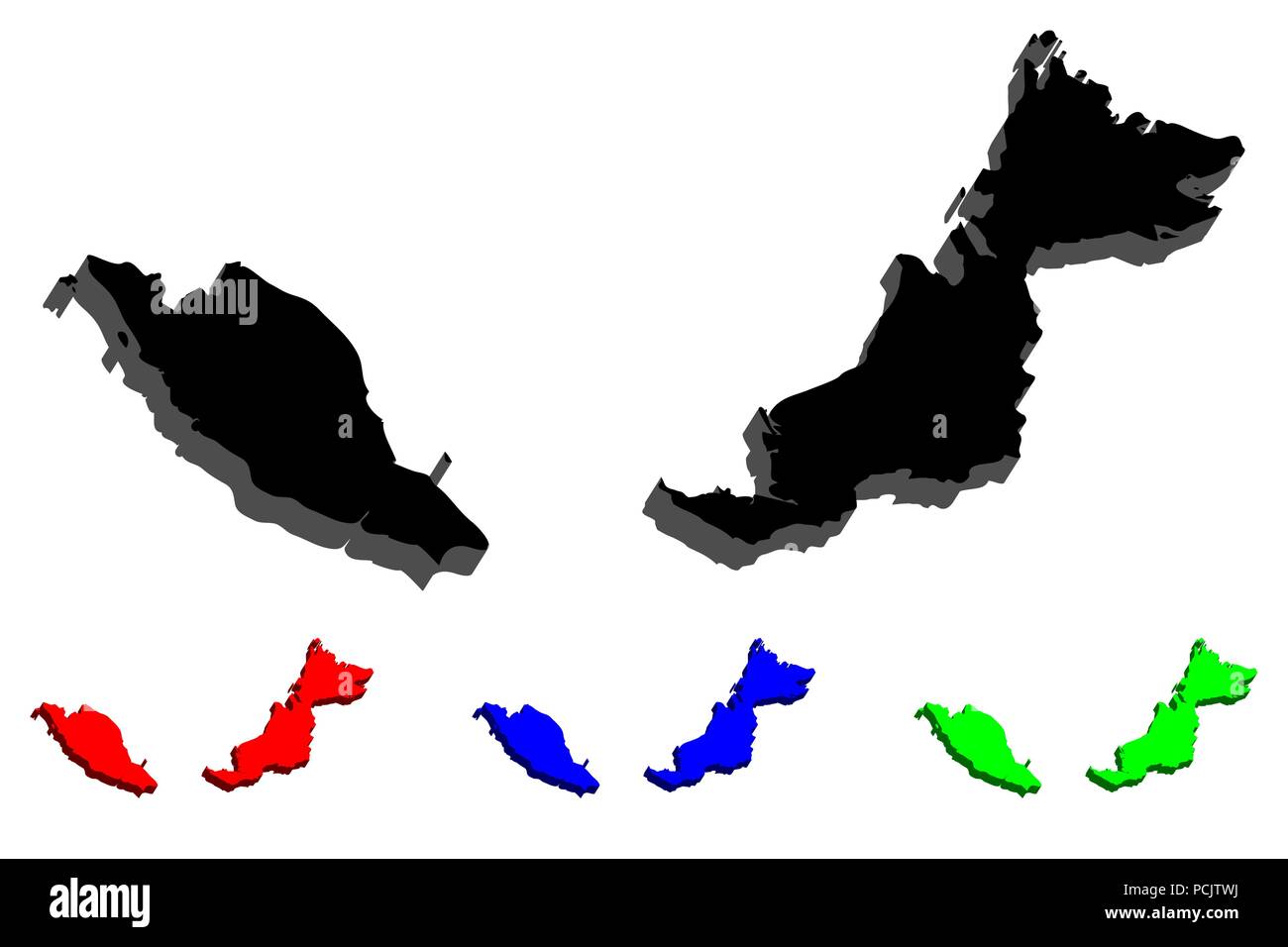 Mappa 3D della Malesia (Malesia peninsulare e Borneo malese - nero, rosso, blu e verde - illustrazione vettoriale Illustrazione Vettoriale