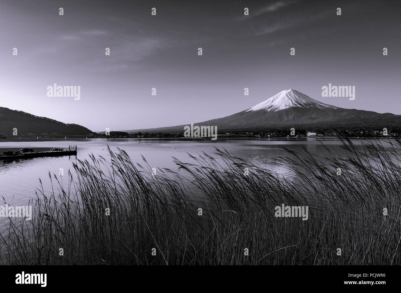 Majestic Mountain Fuji come vista dalla sponda settentrionale del Lago Kawaguchiko, Giappone. Lago Kawaguchi è la più turistica tra le Fuji cinque laghi. Foto Stock