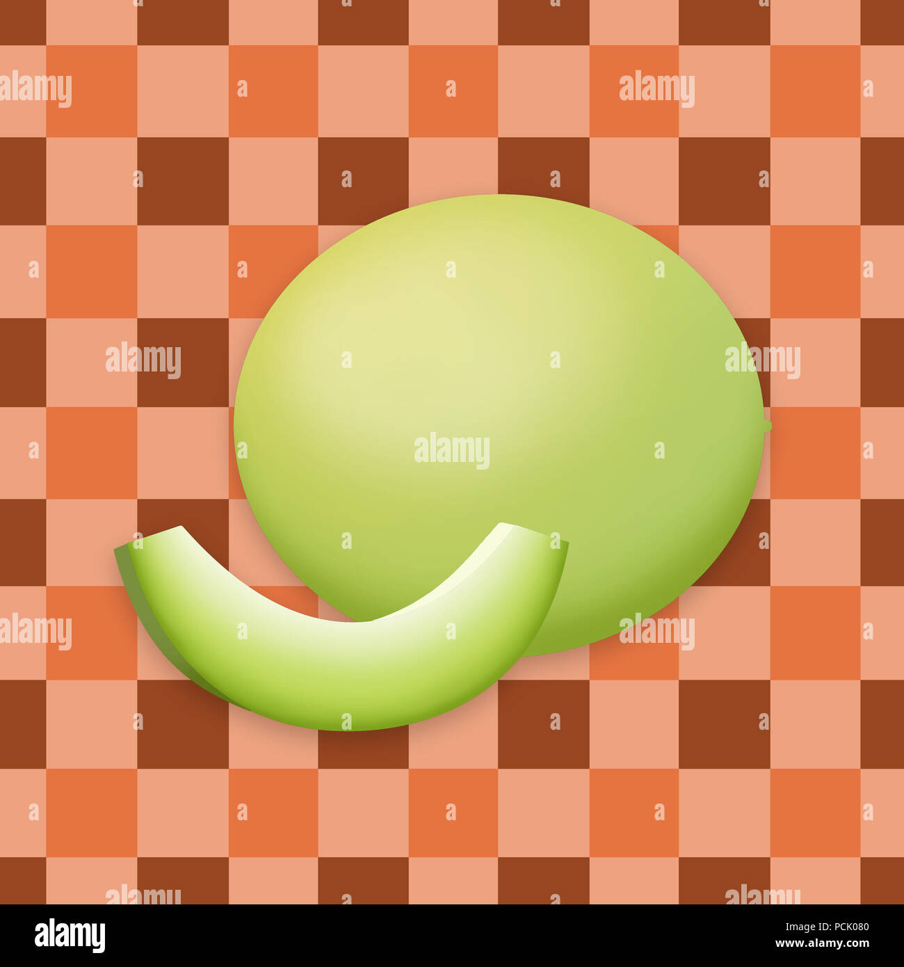 Illustrazione di melone Honeydew, uno intero e uno a fette, contro un arancione sfondo a scacchi. Foto Stock