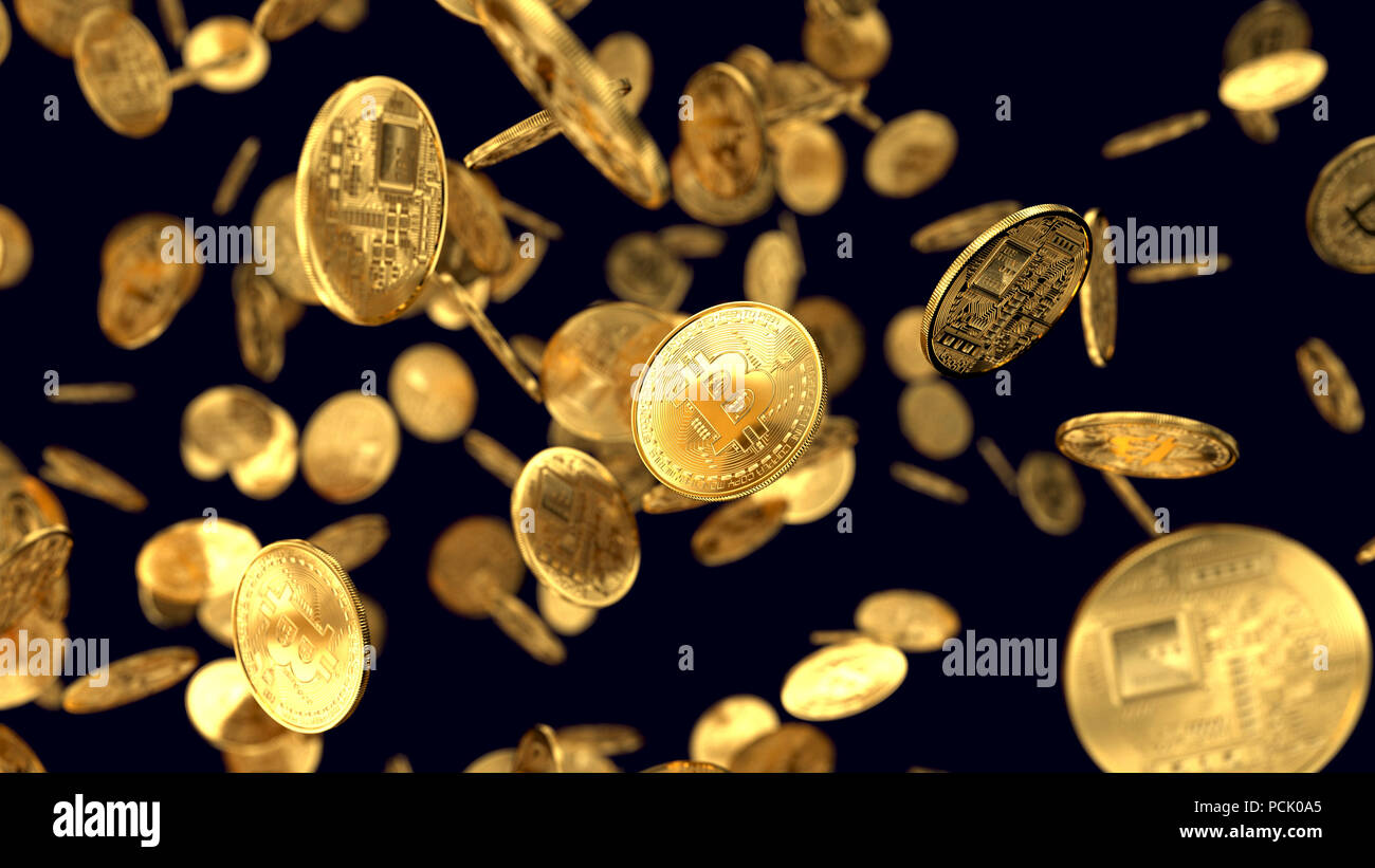 Golden cash bitcoin su sfondo nero. 3D render illustrazione Foto Stock