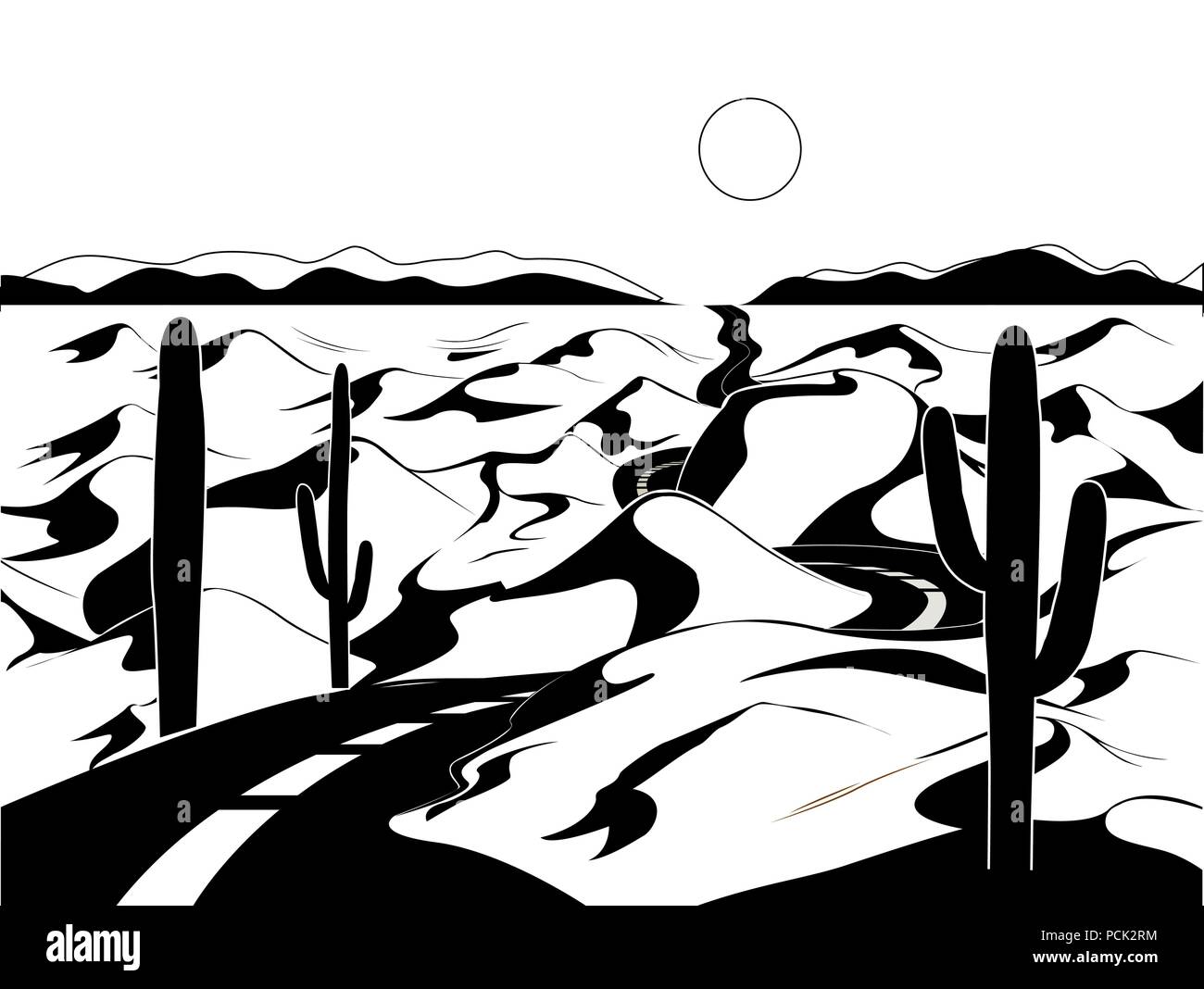 Vettore il paesaggio del deserto con dune di sabbia, cactus, road e sun. Bianco e nero illustrazione Illustrazione Vettoriale