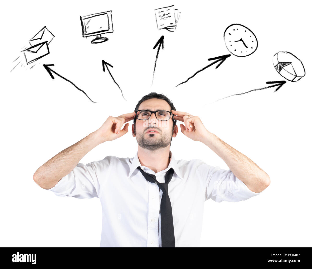 Sottolineato imprenditore tenta di pianificare la sua giornata di lavoro Foto Stock