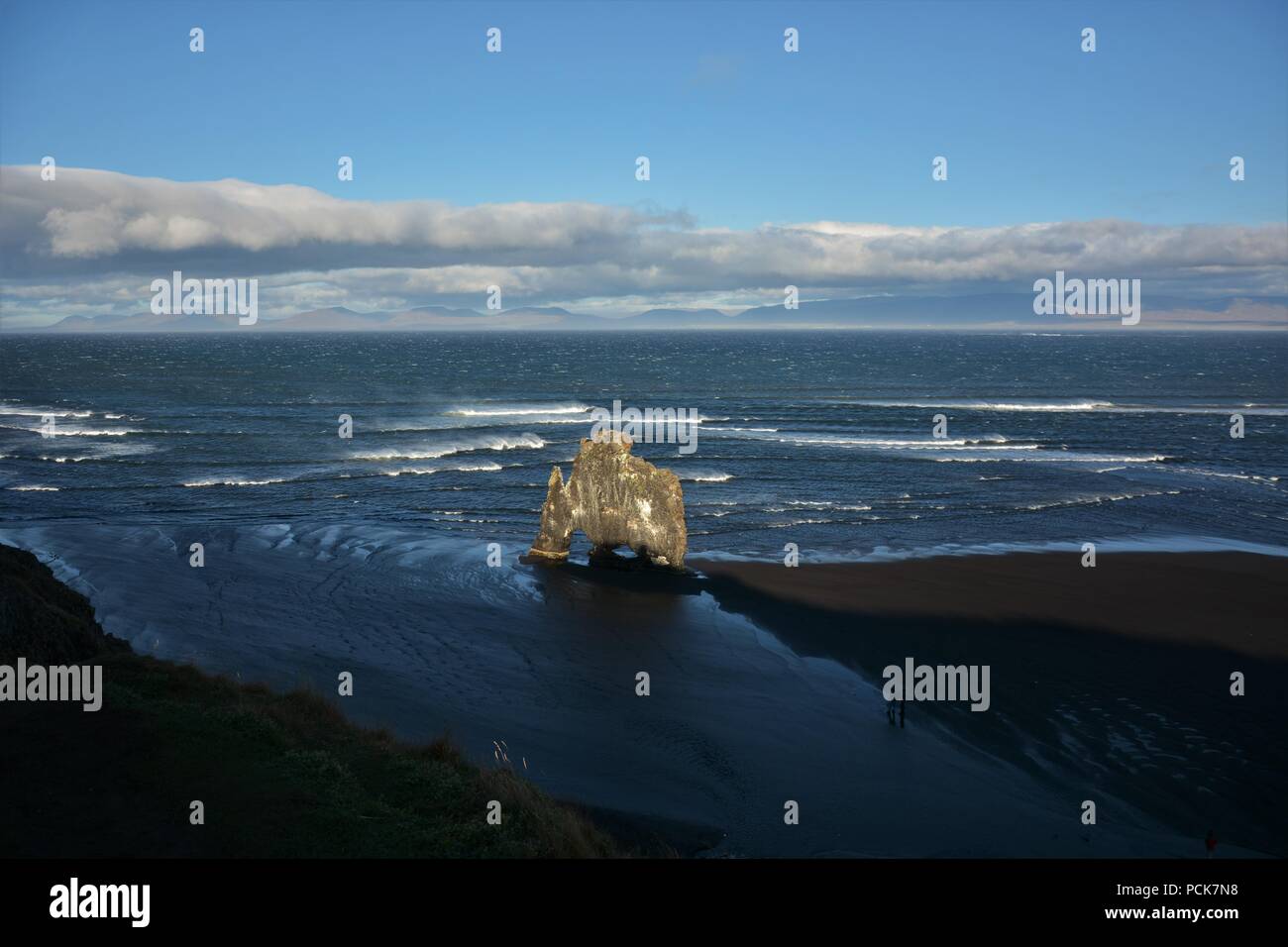 Hvitserkur Rock e la spiaggia di sabbia nera Foto Stock