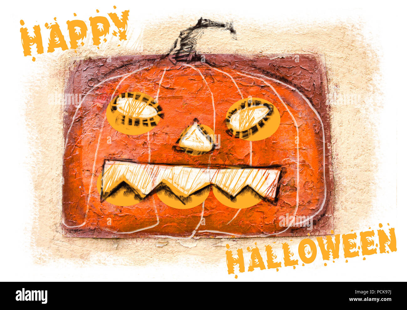 Zucca di Halloween. Happy Halloween sfondo. Scary pumpkin jack-o-lantern con creepy sorriso. Decorazione astratta. Simbolo di Halloween celebr vacanze Foto Stock