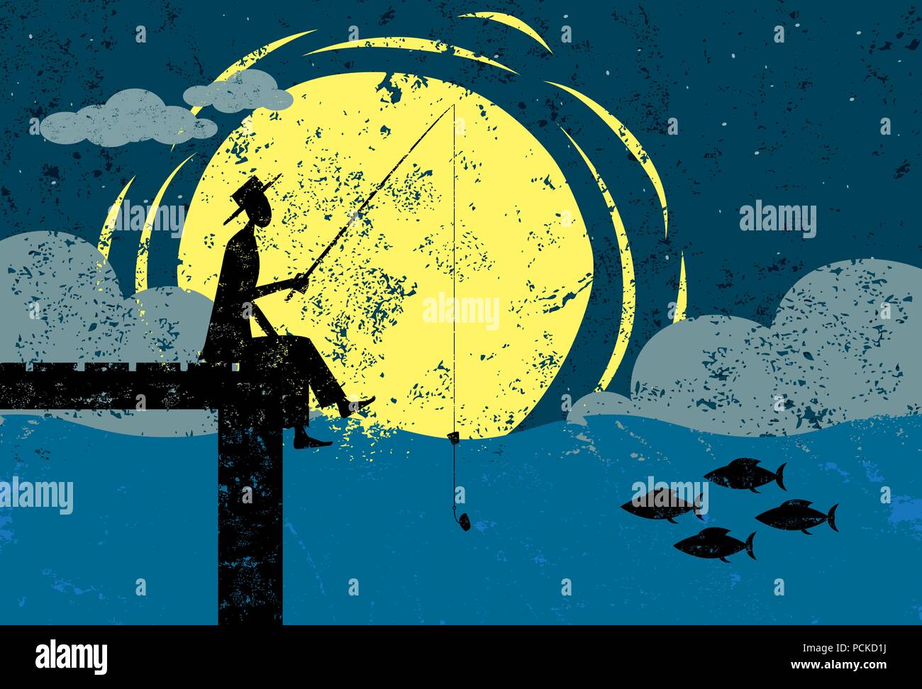 La pesca su una dock al chiaro di luna un uomo pesca sull'estremità di un molo al chiaro di luna. L'uomo, dock e pesce sono su un livello separato dallo sfondo Illustrazione Vettoriale