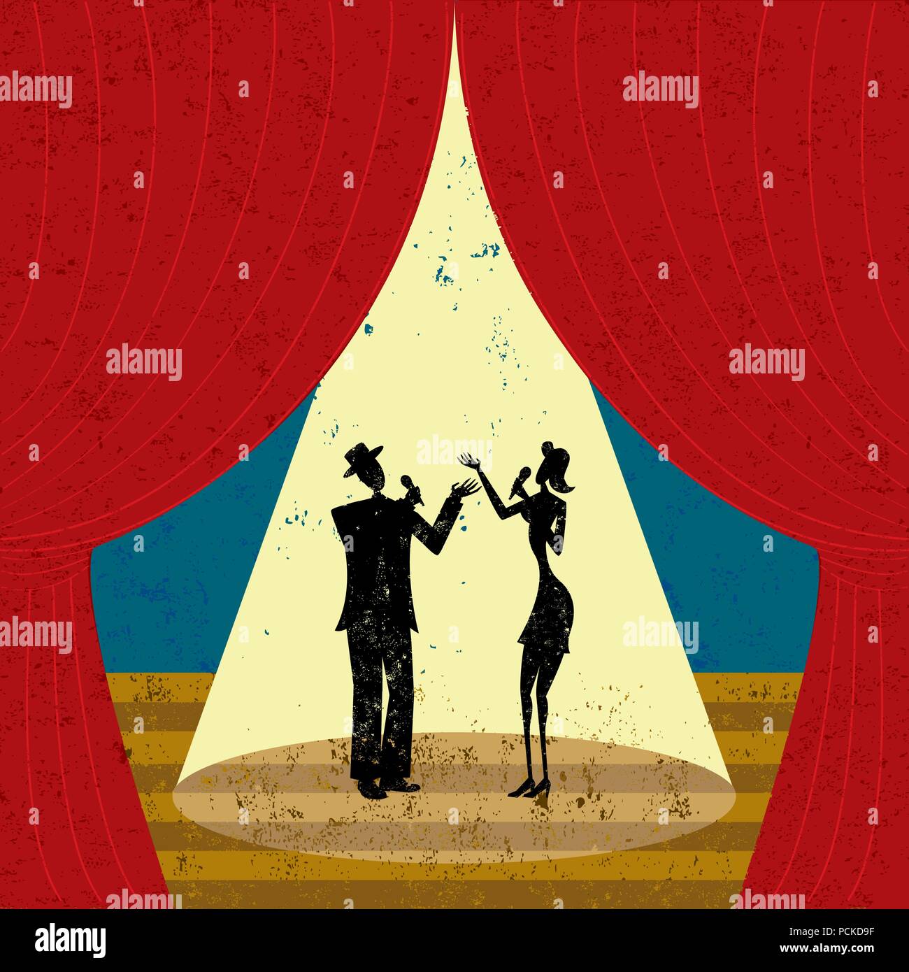 Cantanti in scena due cantanti sotto un faretto sul palco. I cantanti e lo sfondo sono su diversi strati marcato. Illustrazione Vettoriale