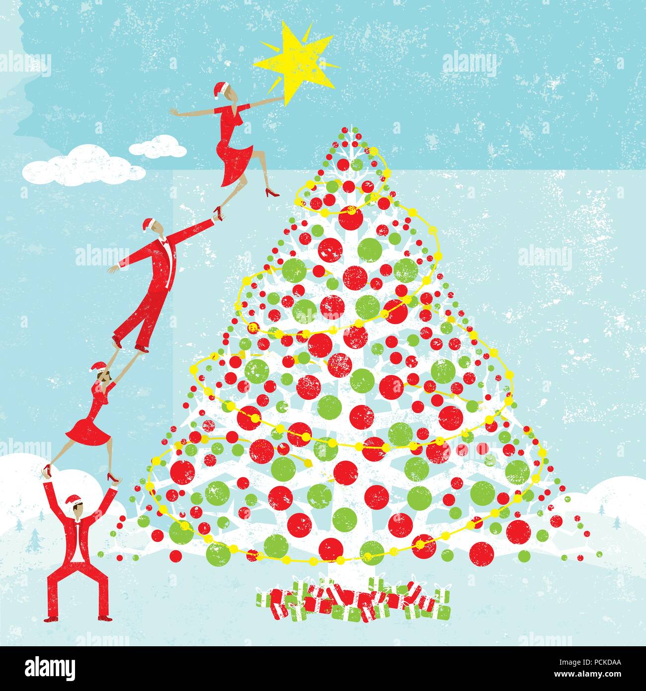 Stella su un albero di Natale un gruppo di uomini e donne che lavorano insieme per mettere una stella sulla cima di un albero di Natale. Illustrazione Vettoriale