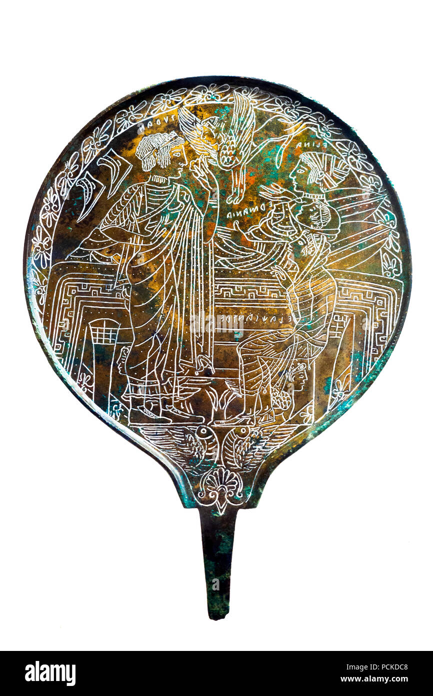 Specchio in bronzo 475-450 A.C. da Palestrina, Colombella necropoli - Museo Nazionale Etrusco di Villa Giulia - Roma, Italia Foto Stock