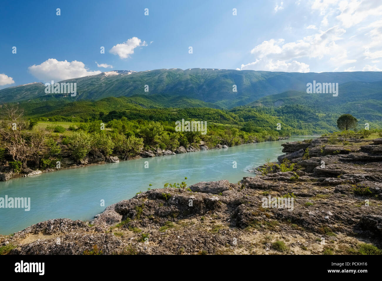 Fiume Vjosa, Vjosa Valley, a Përmet, Qar Argirocastro, Gjirokastër, Albania Foto Stock