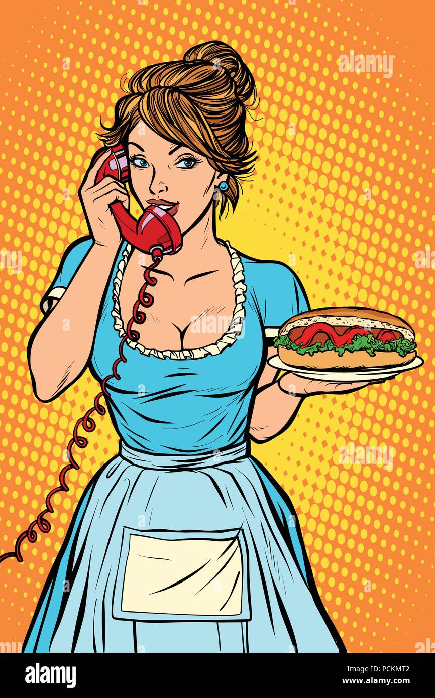 Hot Dog consegna. Servizio dell'hotel. Cameriera Illustrazione Vettoriale